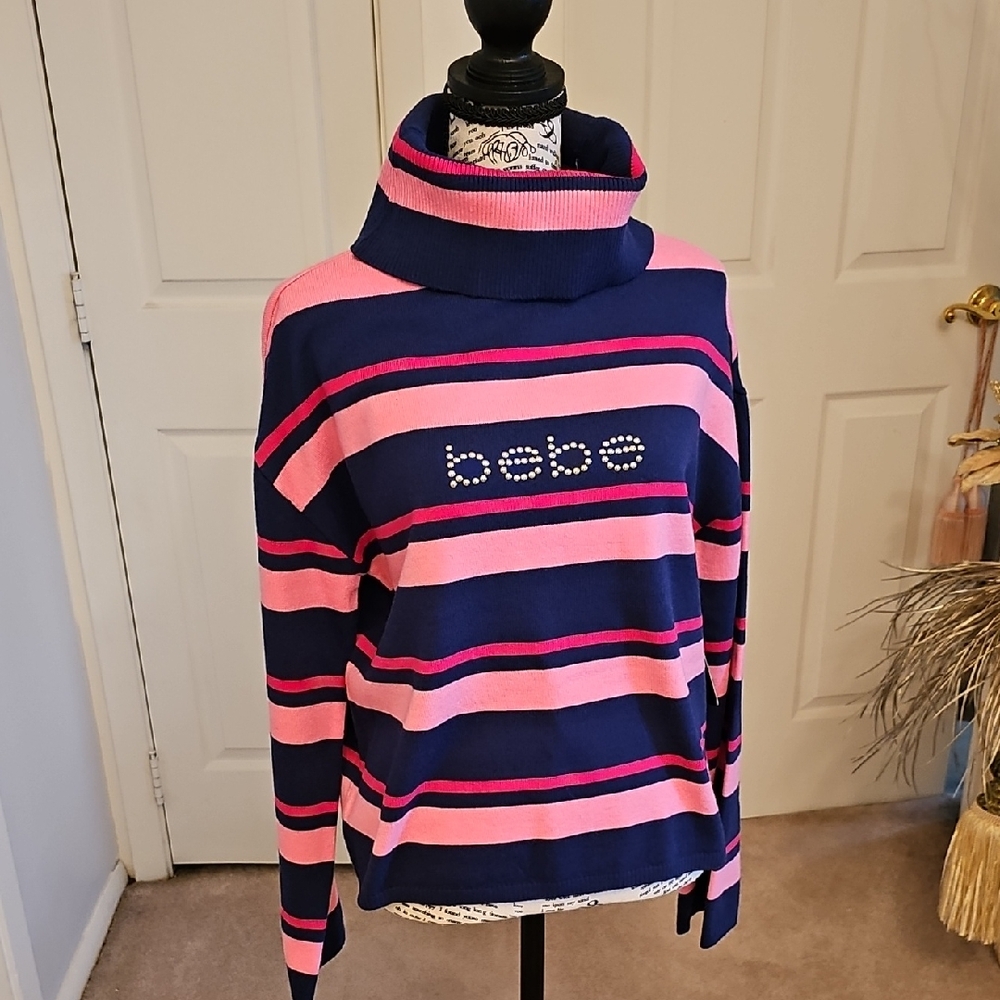 bebe Navy & Pink Striped Cowl Neck Sweater